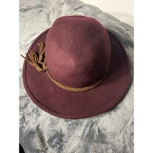 Burgundy 100% Wool Wide Brim Hat Braided Faux Leather Band Tassel Boho